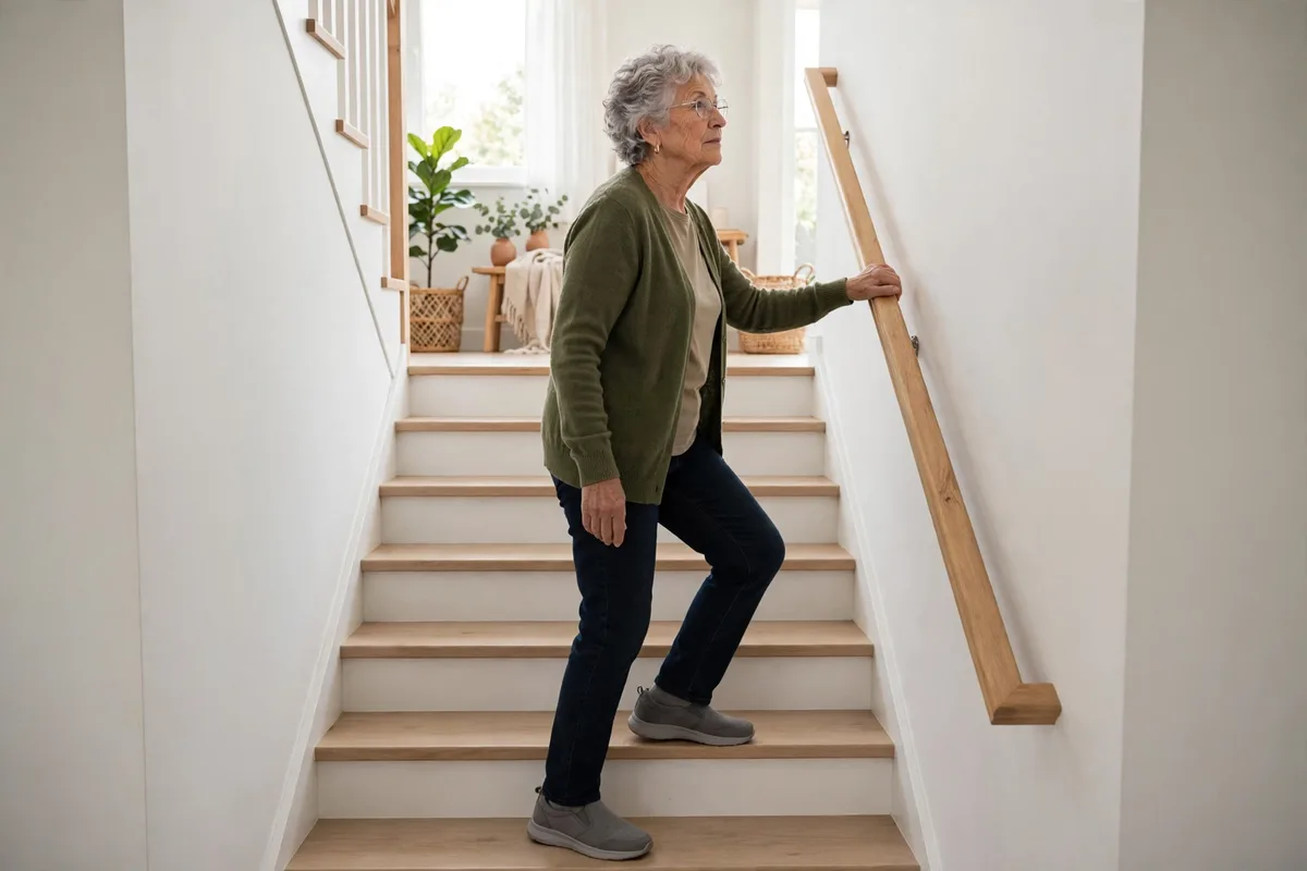 Older woman holding a stair railing while walking up bright home stairs