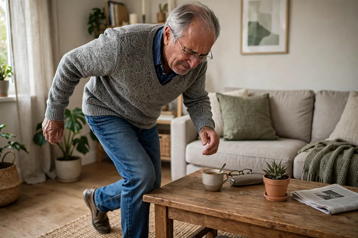 Senior man bumping his shin on a coffee table in a living room