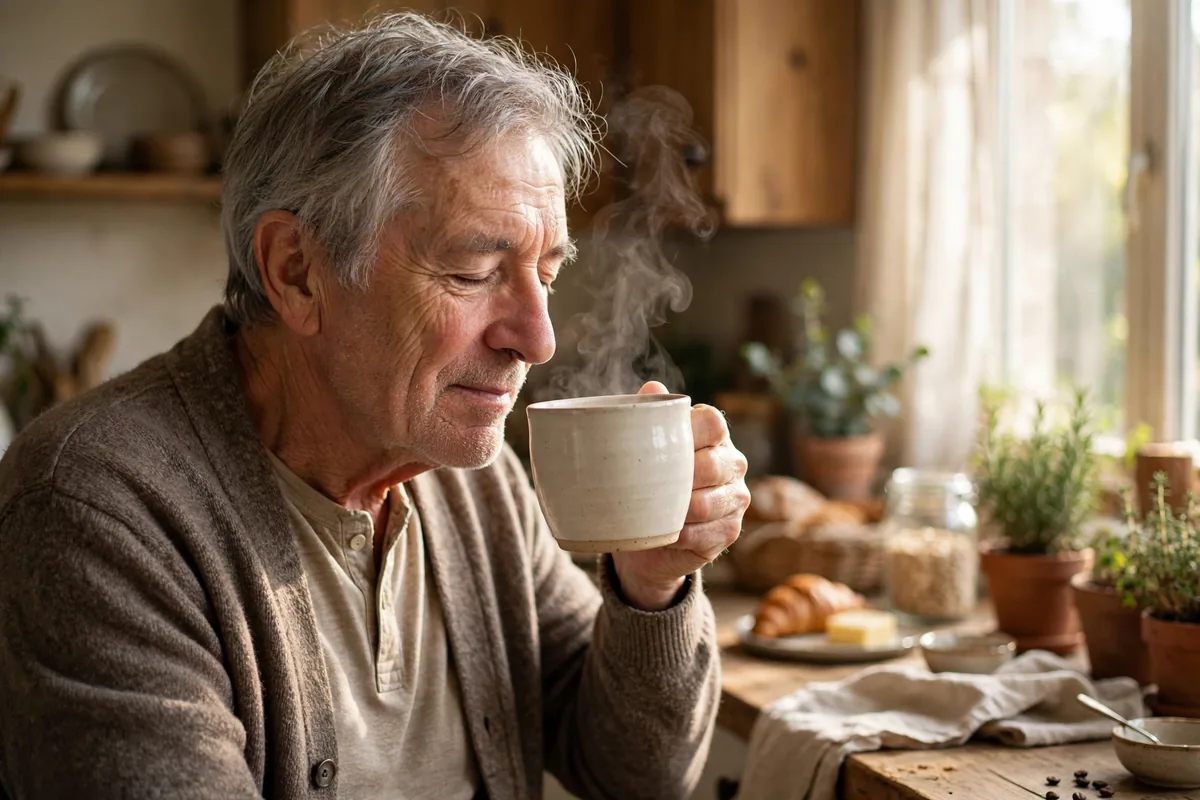 Older man savoring the aroma of a steaming cup of coffee