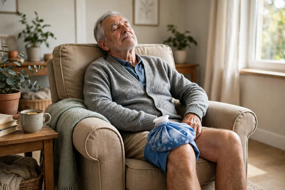 Senior man resting with an ice pack on his knee in an armchair