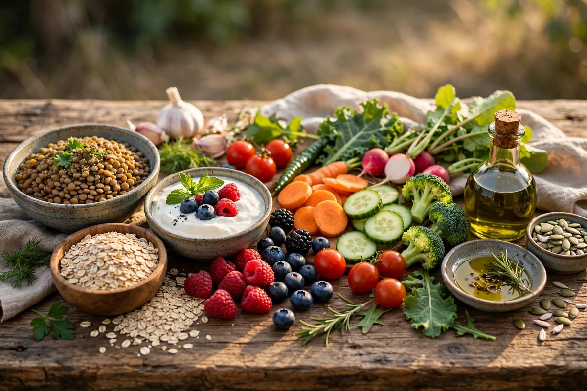 Spread of gut-friendly foods: lentils, oats, berries, yogurt, and vegetables on a wooden table