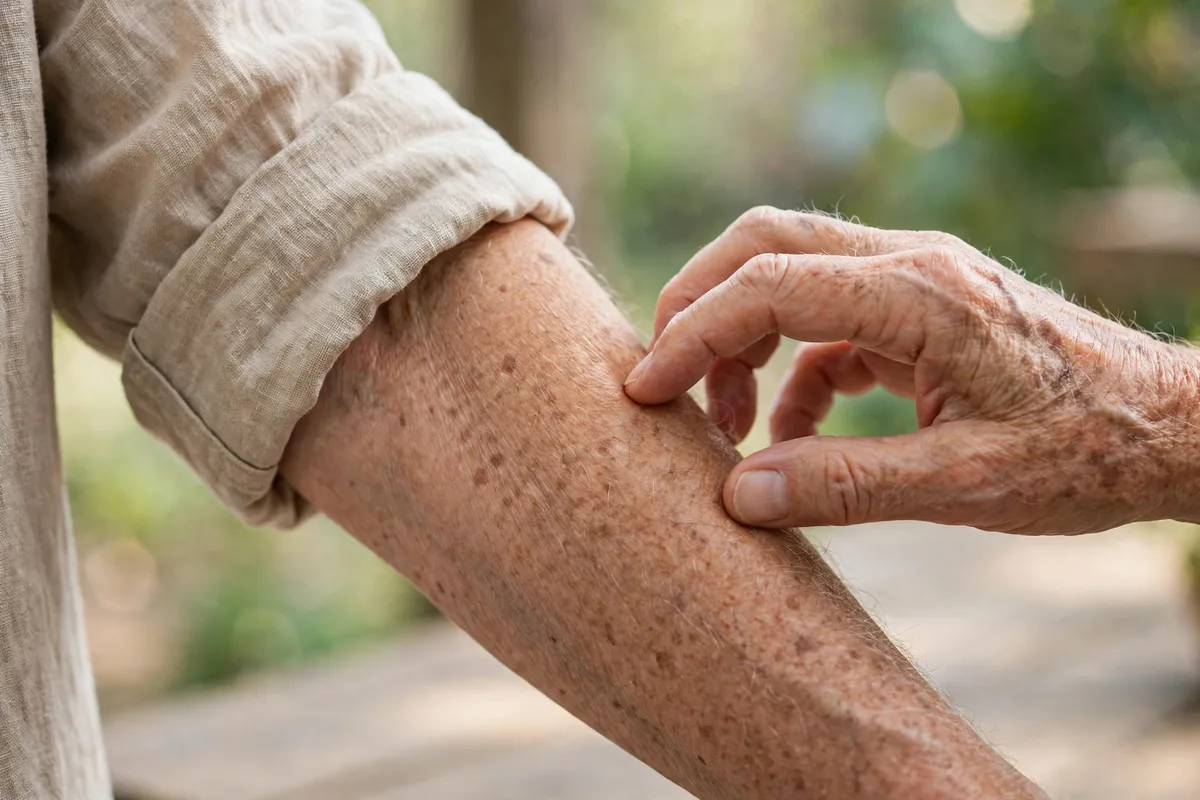 Older adult scratching an itchy spot on the forearm