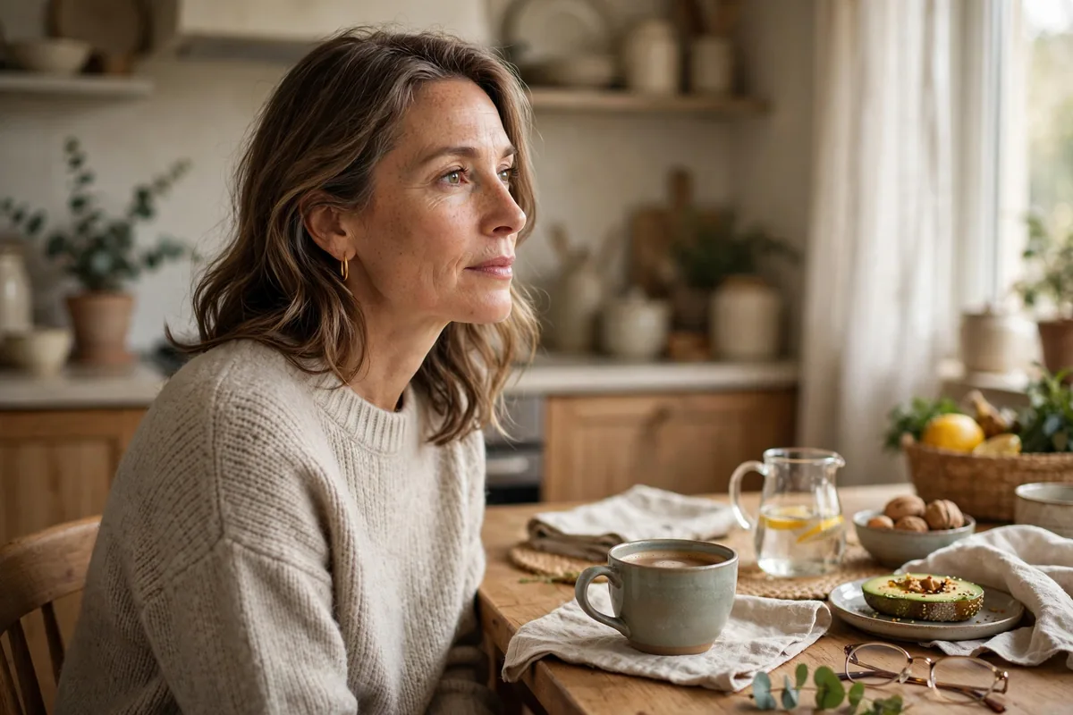 Woman in her late 40s sitting at a kitchen table in morning light with coffee