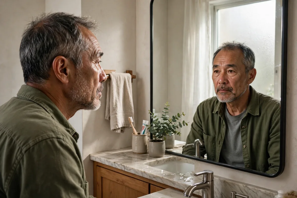 Man in his 50s looking in a bathroom mirror thoughtfully in the morning