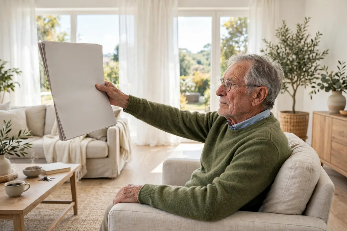 Senior man reading a newspaper holding it far away at arm's length