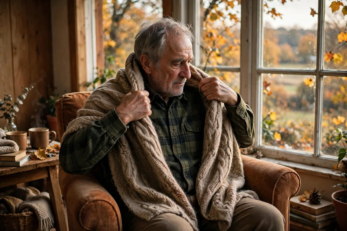 Older man pulling a wool shawl around his shoulders in an armchair