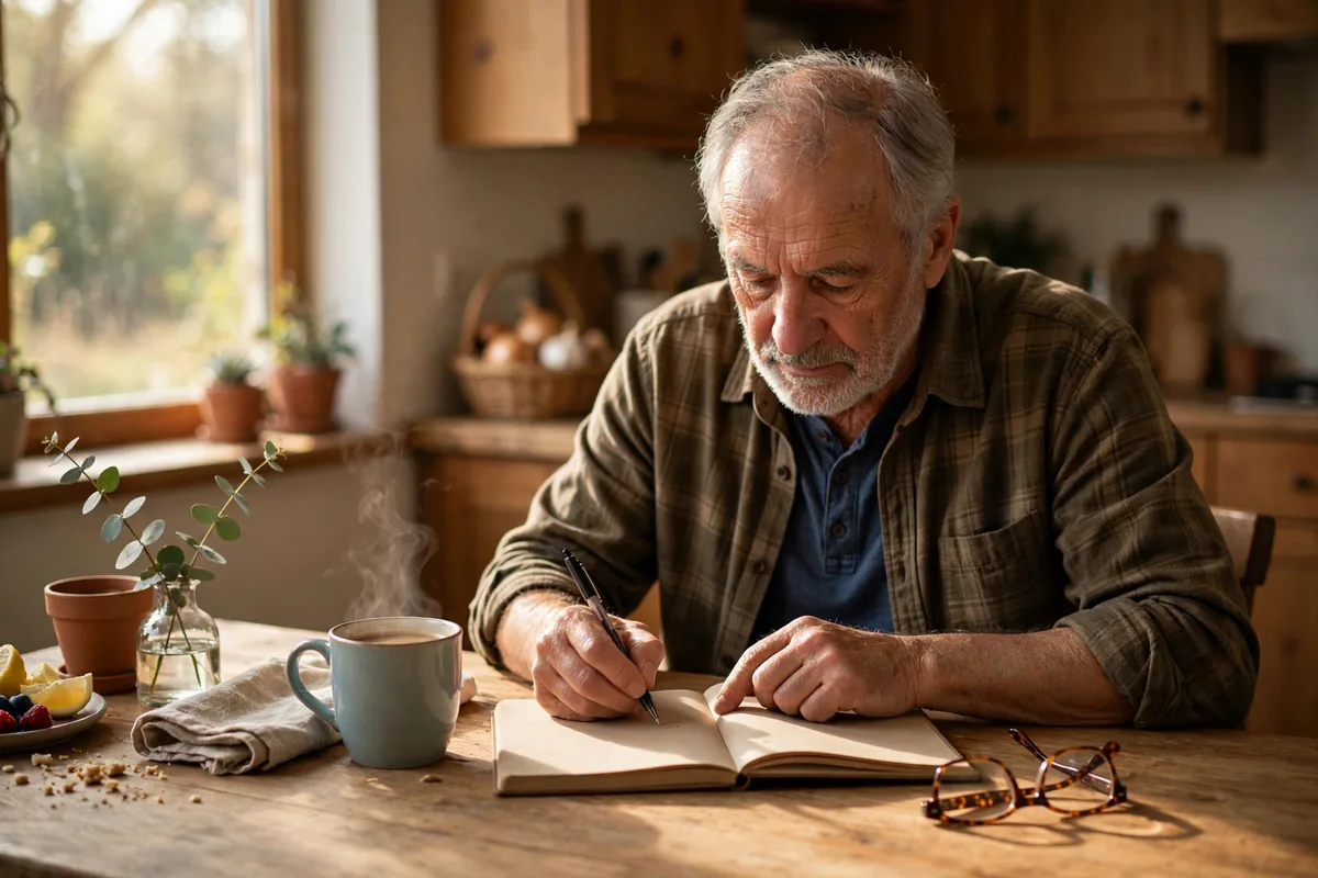 Older man writing notes about his symptoms in a notebook at a kitchen table