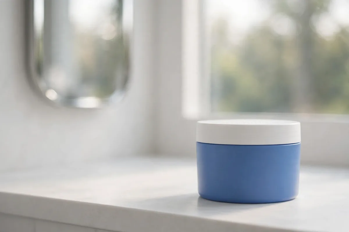 Blue and white moisturizer tub on a white bathroom counter by a window