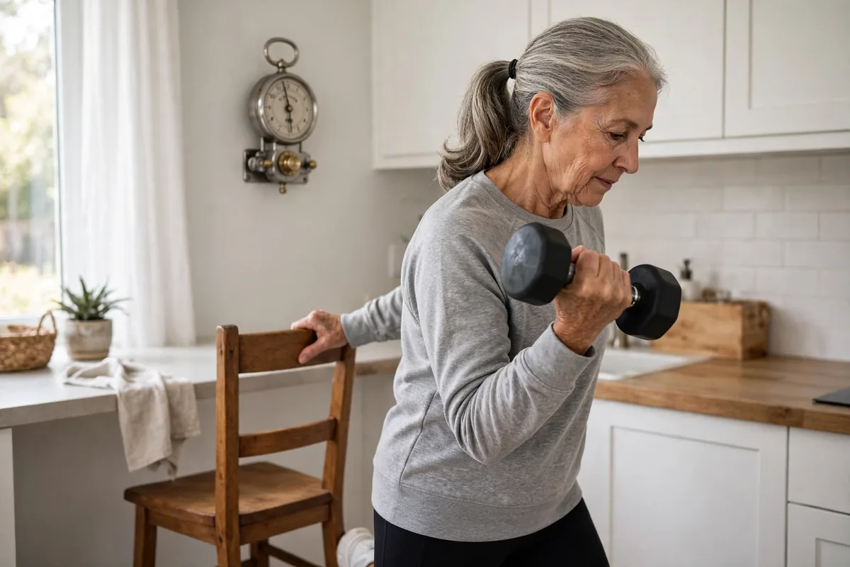 Woman in her 60s exercising with a light dumbbell near a chair in a bright kitchen