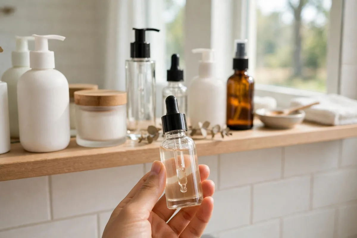 Hand holding a serum bottle in front of a shelf of assorted skincare products