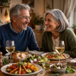 Senior couple laughing over a colorful dinner at home