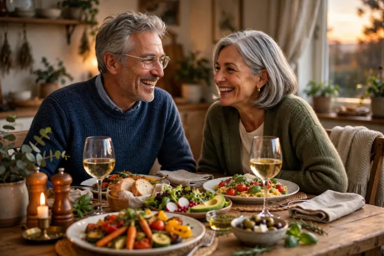 Senior couple laughing over a colorful dinner at home