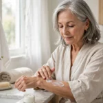 Senior woman applying moisturizer cream to her forearm in a bright bathroom