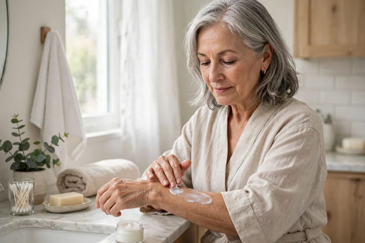 Senior woman applying moisturizer cream to her forearm in a bright bathroom