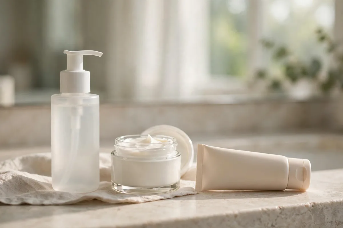 Simple morning skincare lineup of cleanser, cream and sunscreen on a counter