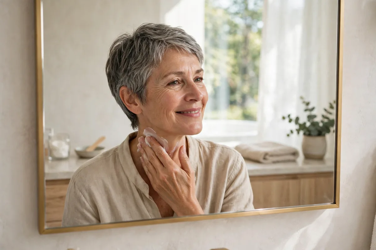 Woman in her late 50s smoothing moisturizer onto her neck in a bathroom mirror