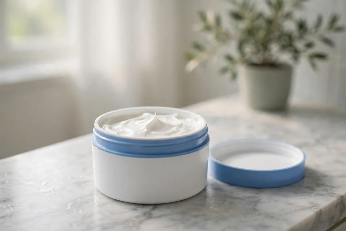 Open moisturizer tub revealing thick white cream on a marble counter