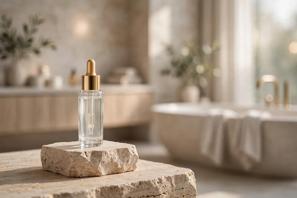 Glass peptide serum bottle standing on a stone pedestal in a calm bathroom
