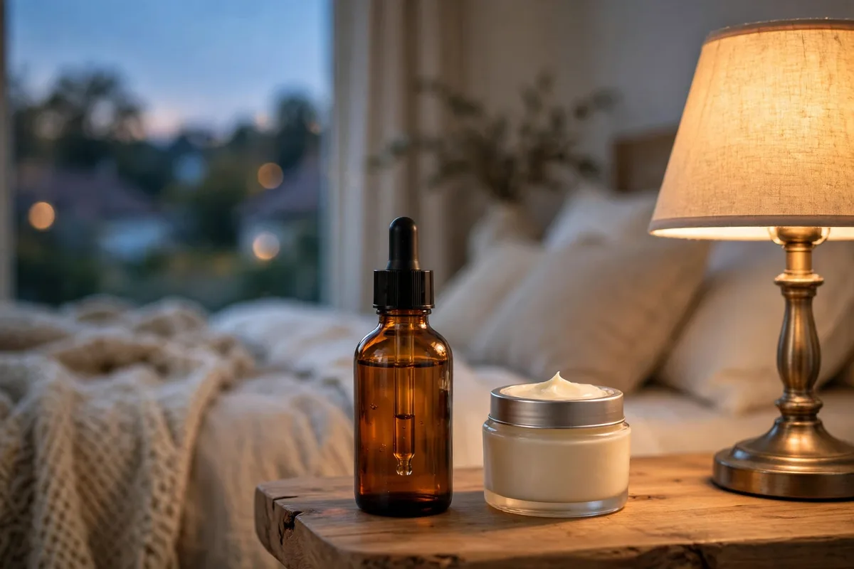 Amber serum dropper bottle and cream jar on a bedside table at dusk