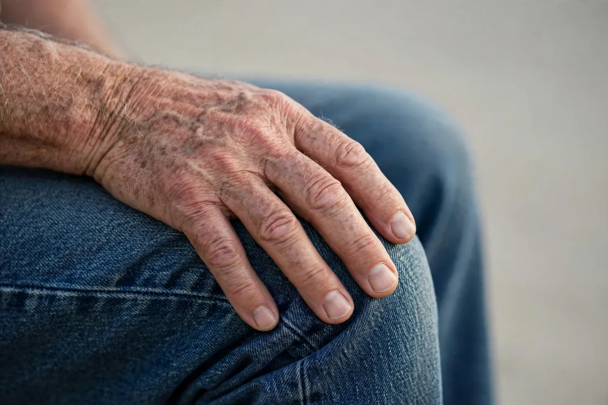 Close-up of an older man's hand resting on his bent knee
