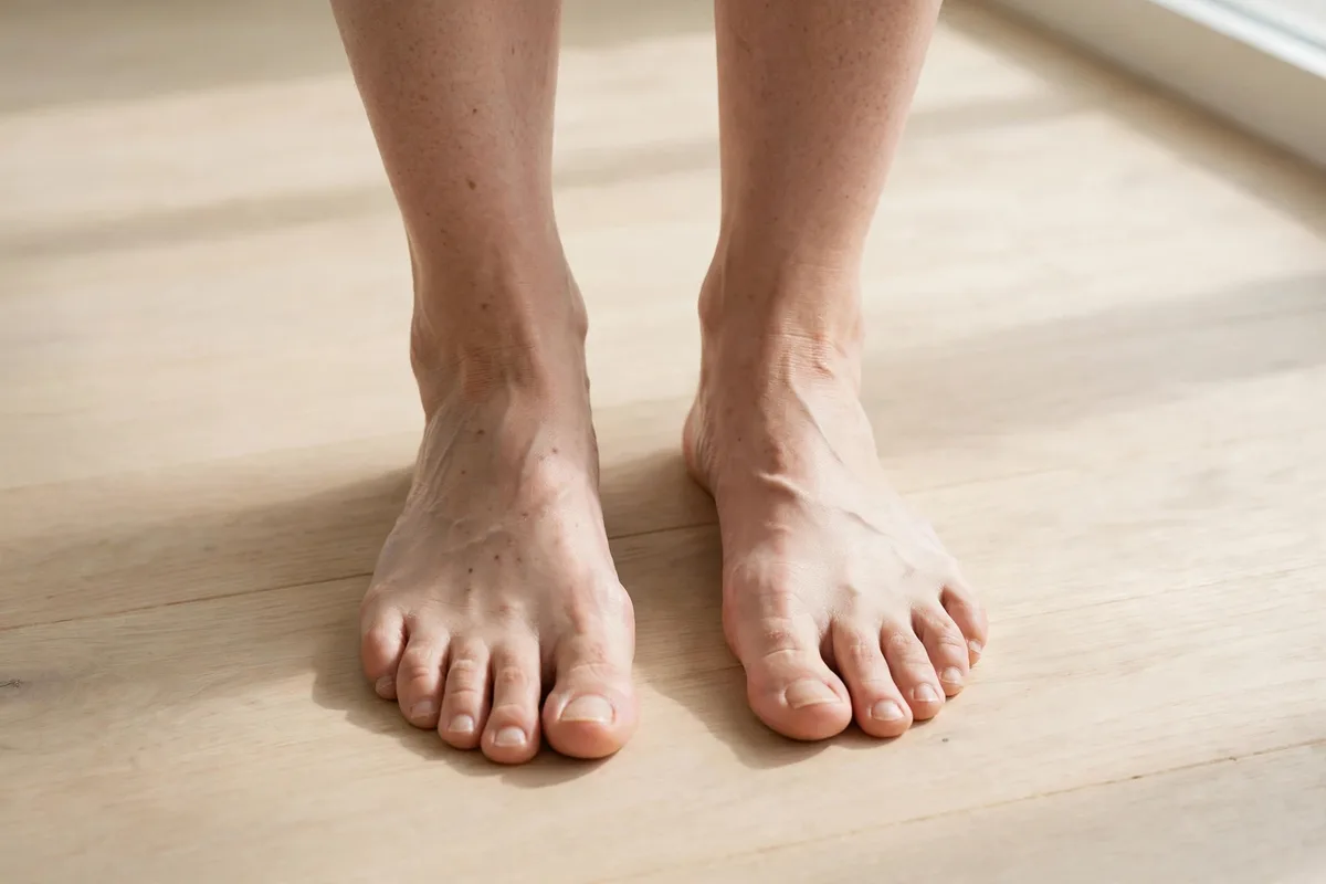 Bare feet standing naturally on a light wooden floor showing their shape
