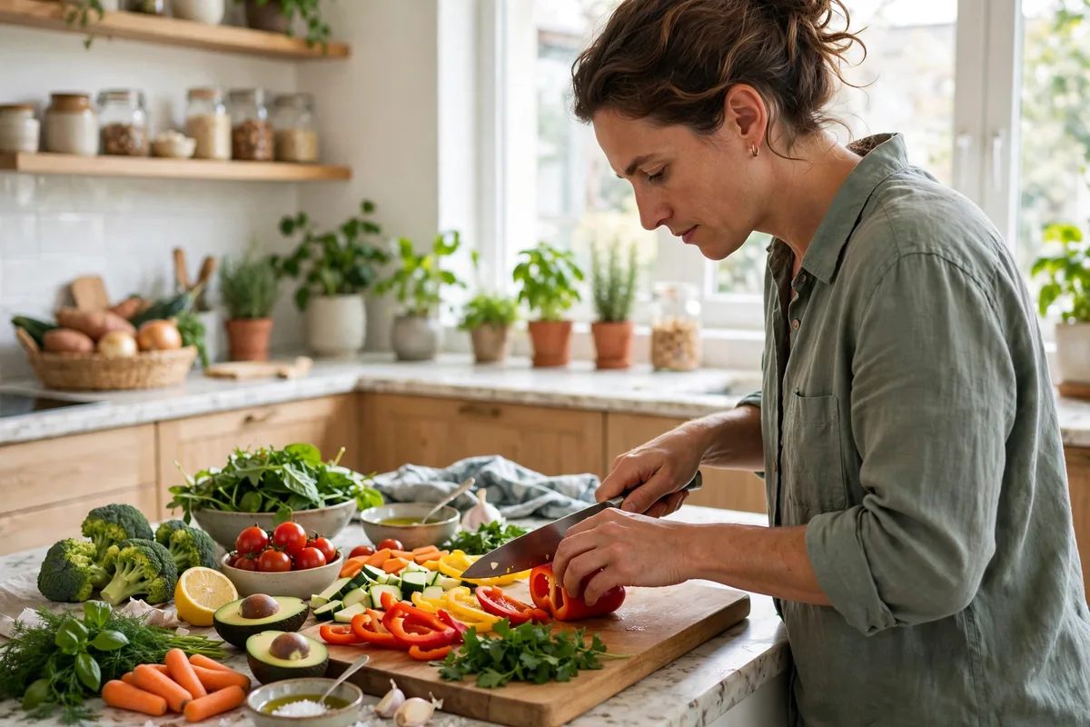 Person preparing a colorful healthy meal with fresh vegetables in a bright kitchen