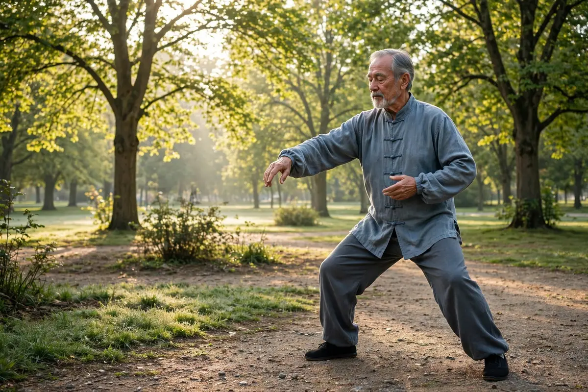 Older man practicing tai chi in a sunny park in a slow graceful pose