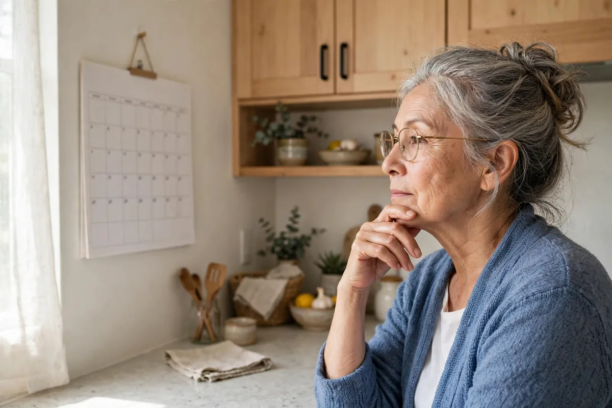 Senior woman looking thoughtfully at a wall calendar in her kitchen