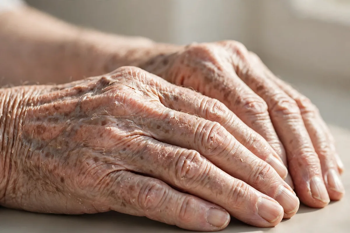 Close-up of mature hands showing dry skin texture