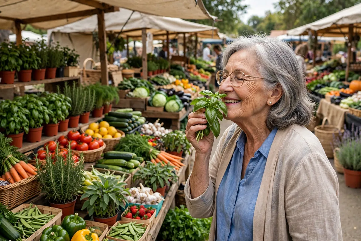 Senior woman smelling fresh basil at a farmers market