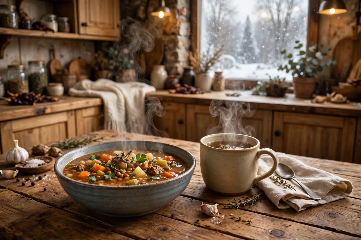 Steaming bowl of soup and a mug of hot tea on a wooden table