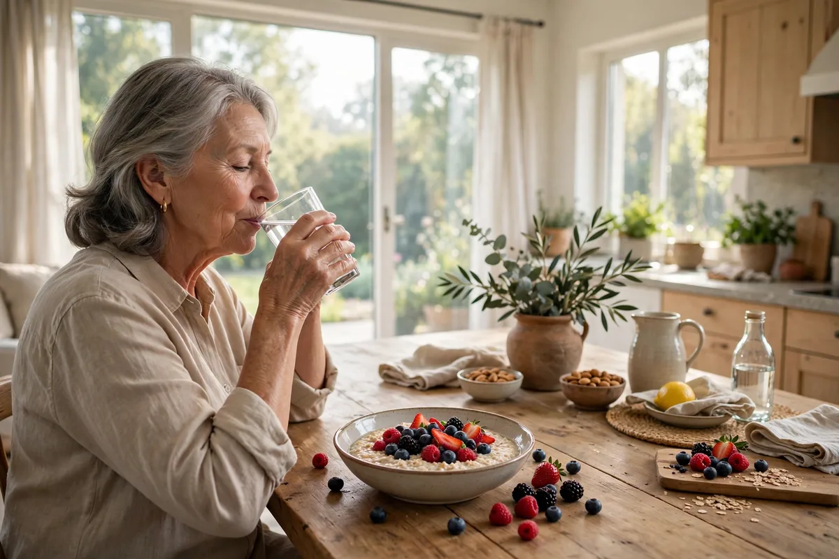 Senior woman drinking a glass of water beside a bowl of oatmeal topped with berries
