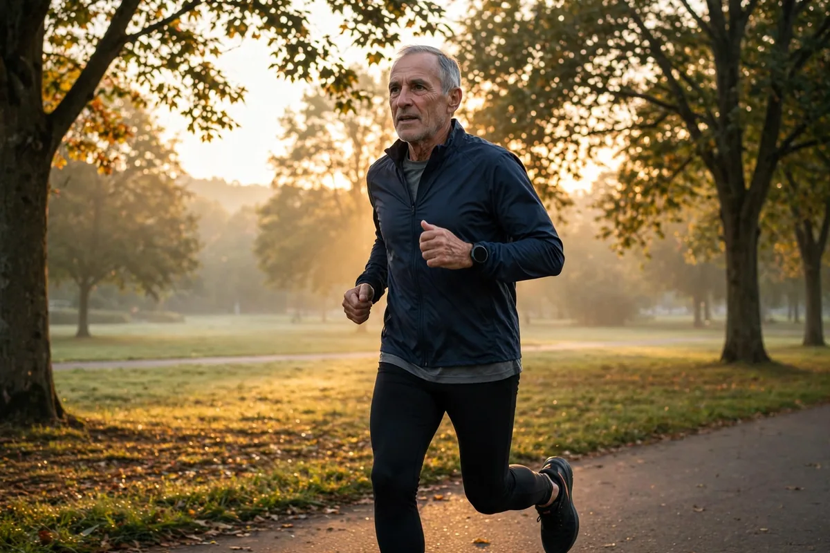 Senior man jogging outdoors in a park at sunrise