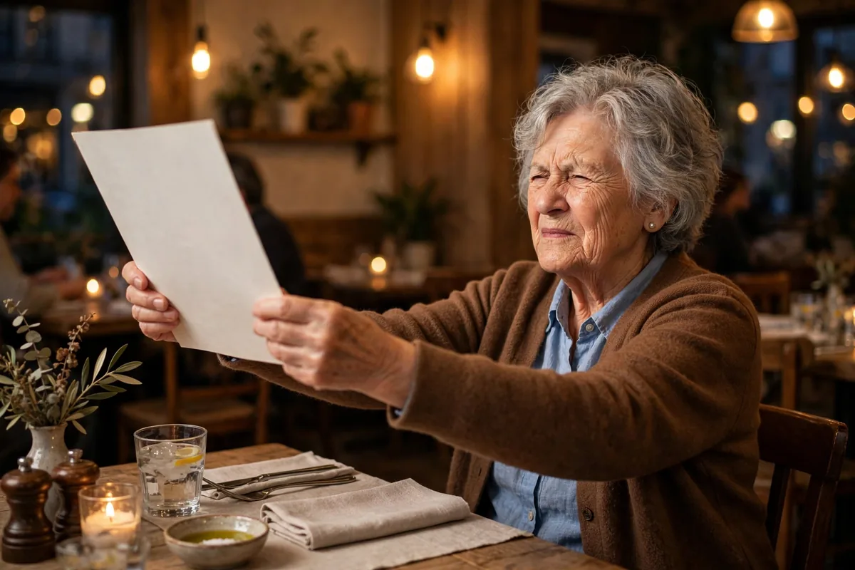 Senior woman at a restaurant holding a menu at arm's length to read it
