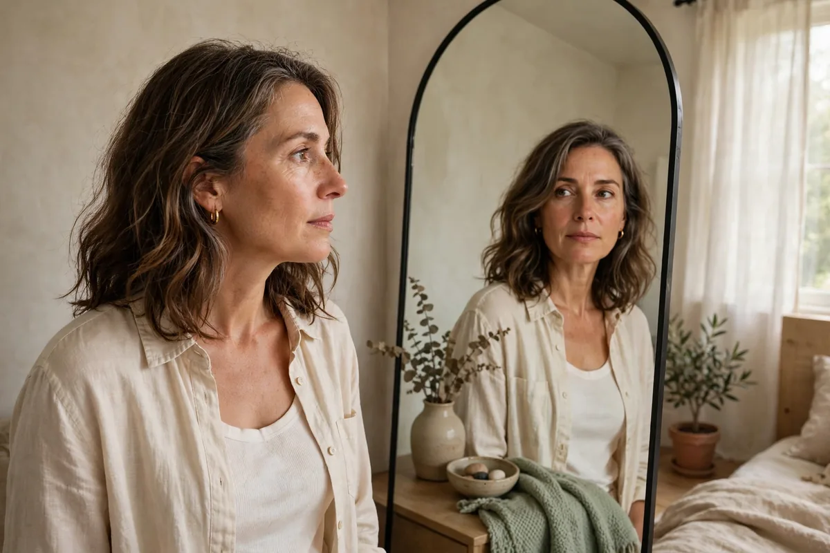 Woman in her 40s looking at her reflection in a bedroom mirror
