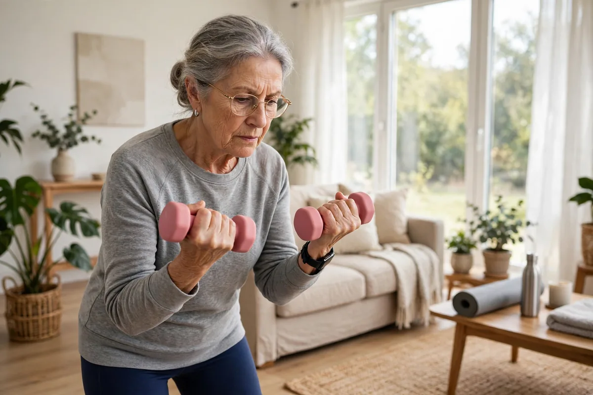Senior woman exercising with small dumbbells at home