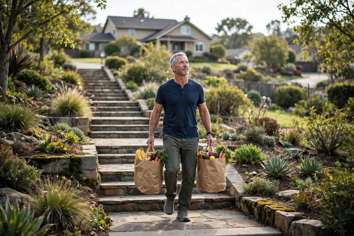 Fit man in his 50s carrying grocery bags down outdoor stairs