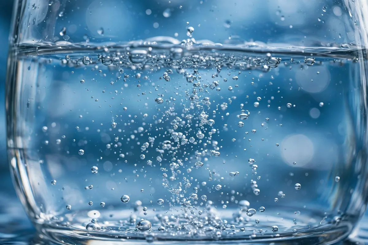 Macro photo of tiny air bubbles rising in clear water