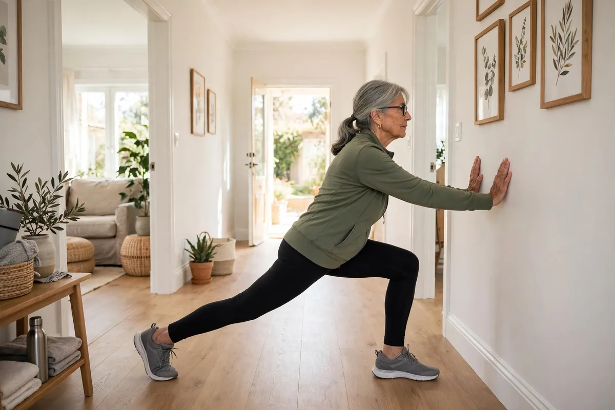 Older woman doing a calf stretch against a wall at home in a bright hallway