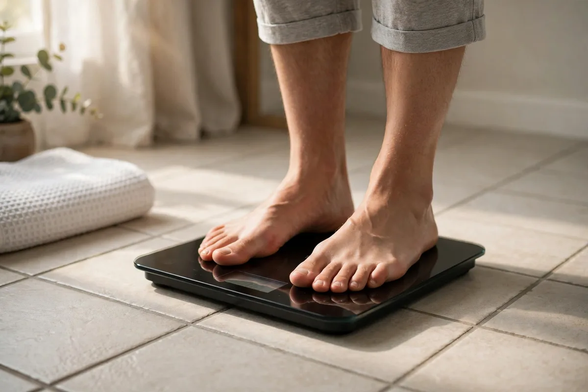 Feet stepping onto a bathroom scale on a tiled bathroom floor