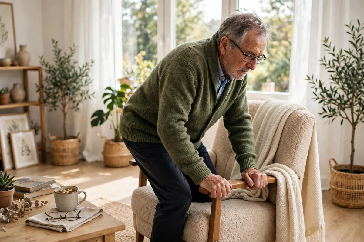 Older person slowly standing up from an armchair steadying on the armrest