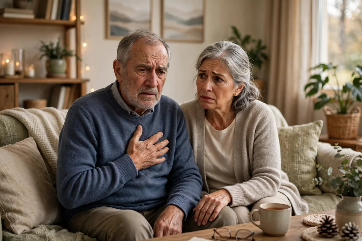 Senior man holding his hand to his chest with a concerned expression, wife beside him