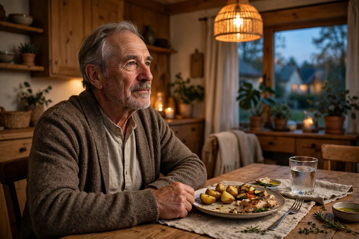 Senior man at a dining table in the evening beside a half-eaten plate of food