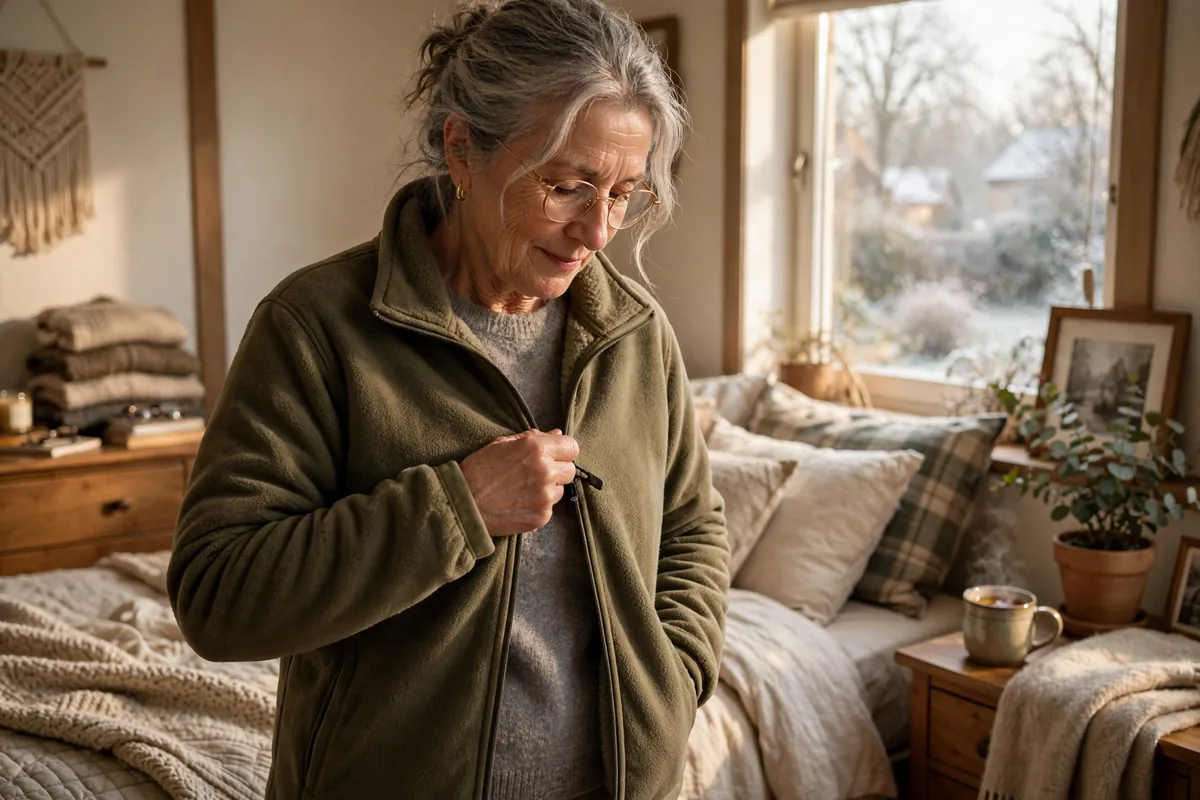 Senior woman zipping up a warm fleece jacket over a sweater