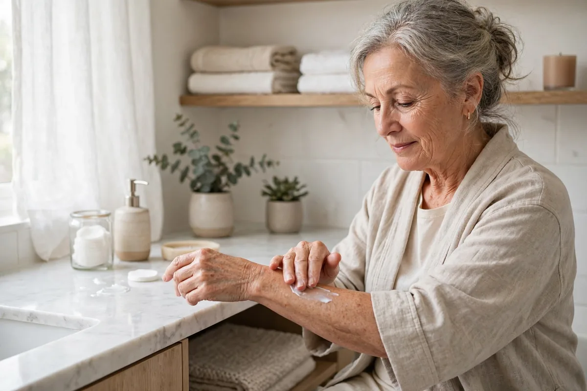 Senior woman gently applying moisturizer to her forearm