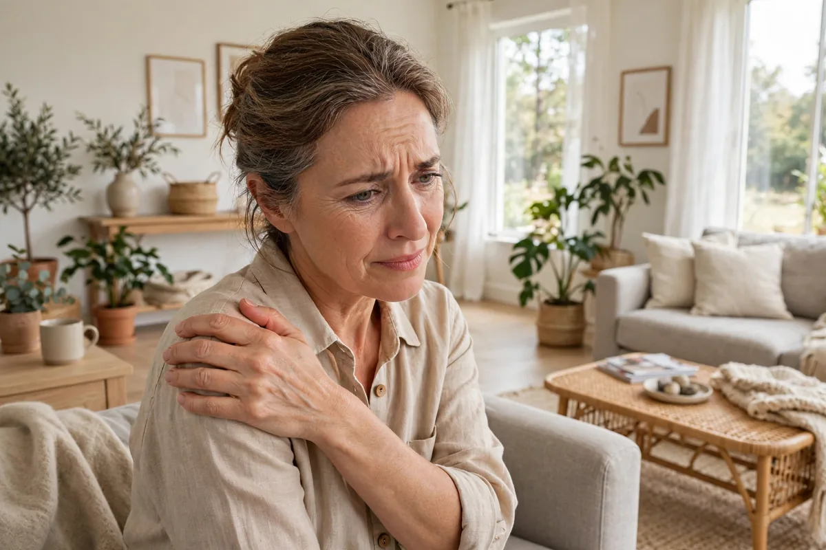 Woman in her early 50s gently holding her sore shoulder at home