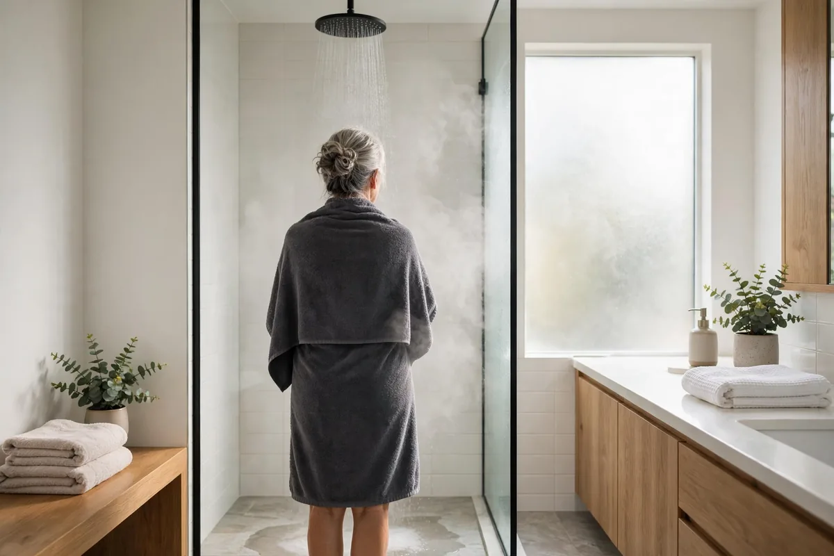 Senior woman in a towel about to step into a bright shower