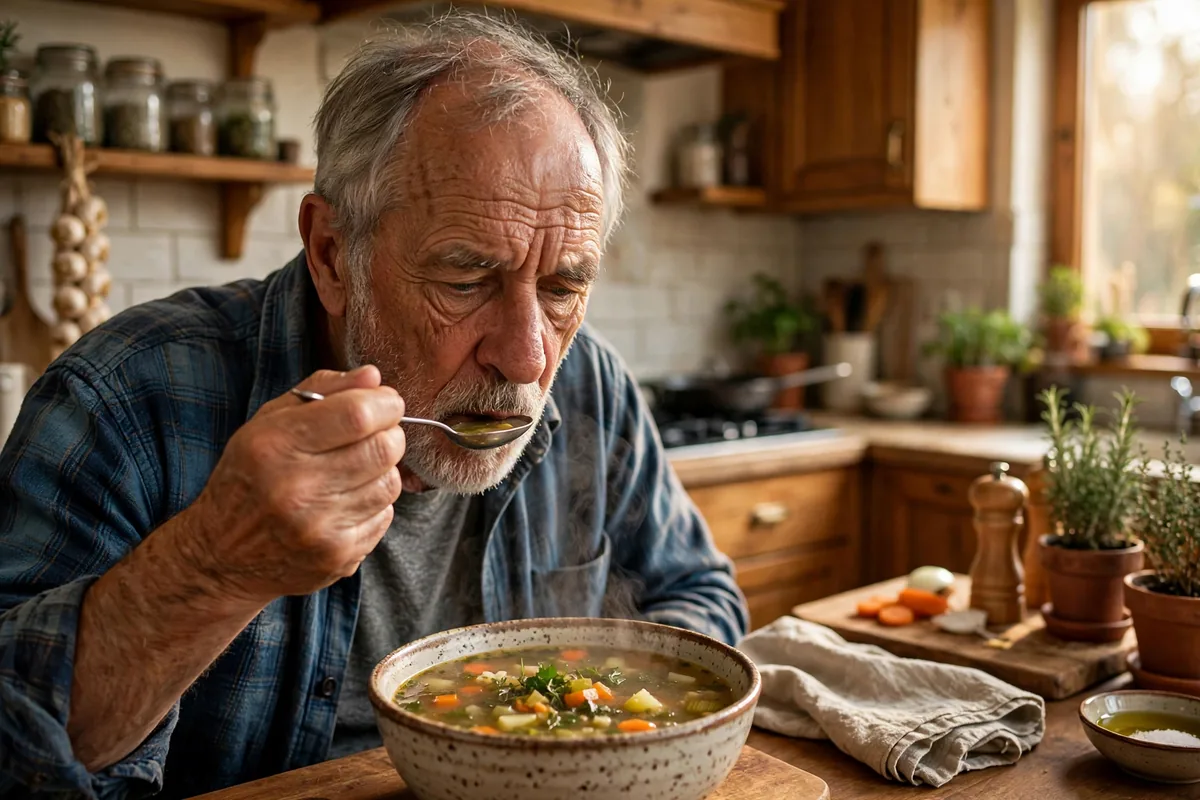 Older man tasting soup with a spoon in his kitchen