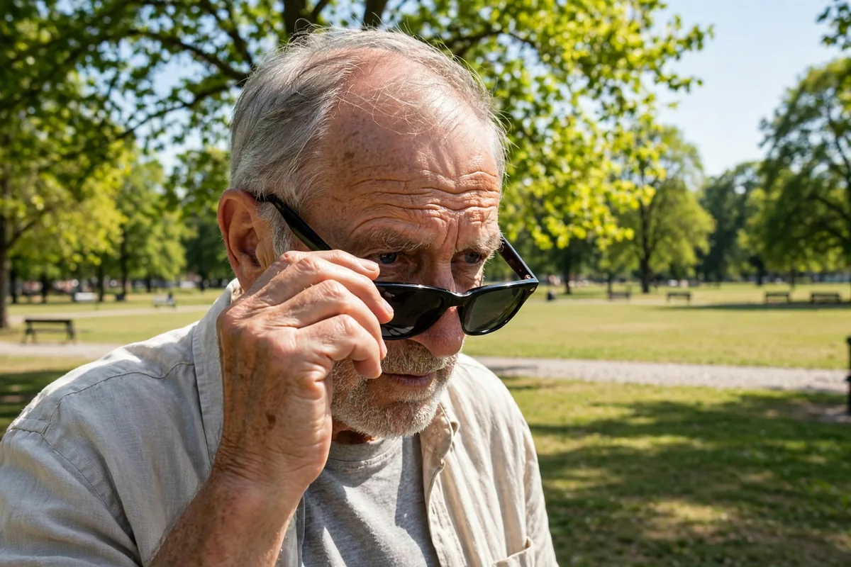 Senior man putting on sunglasses outdoors on a bright sunny day