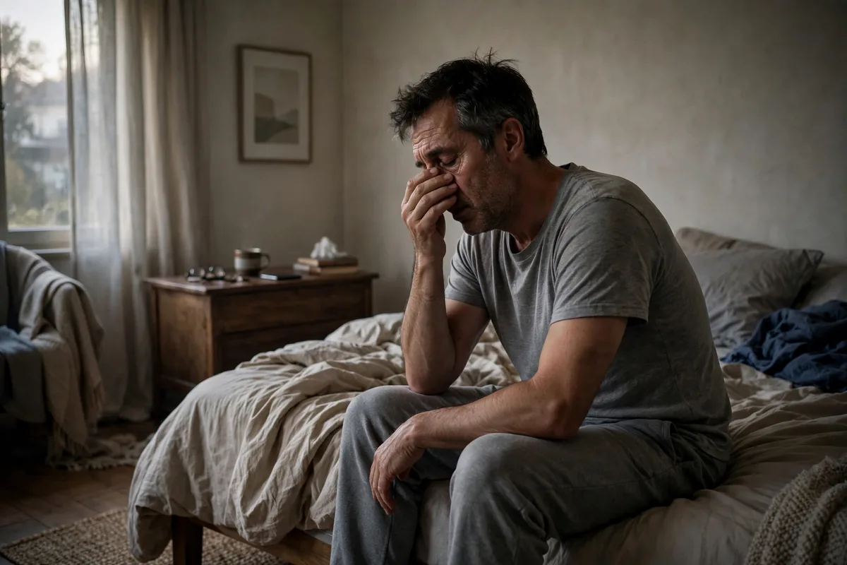 Tired middle-aged man sitting on the edge of his bed in the morning